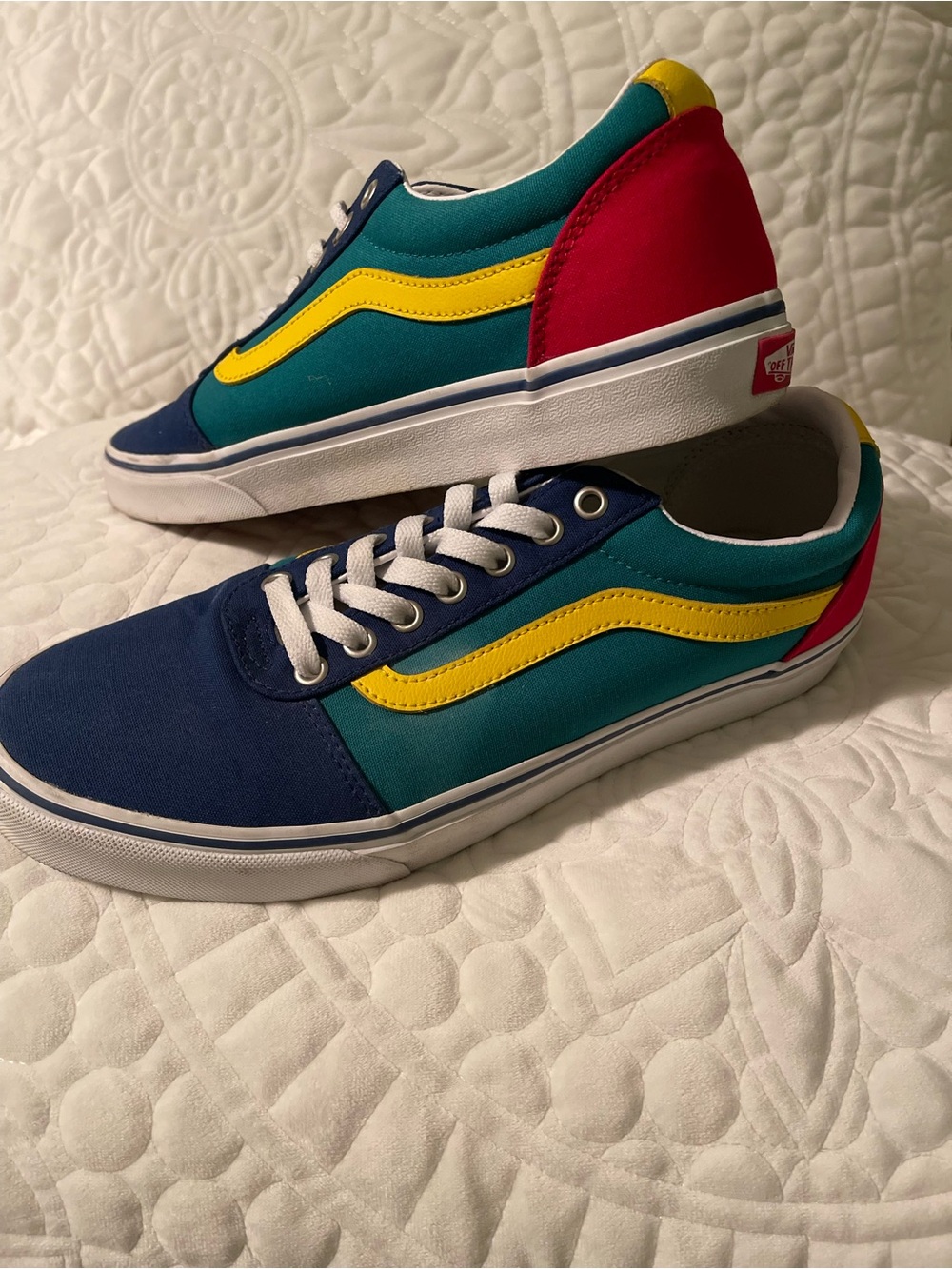 Vans Men’s Low-Top Sneakers - Blue, Teal & Yellow with Red Heel